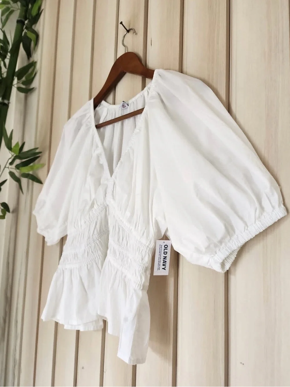 Old Navy White Puff-Sleeve Smocked V-Neck Top